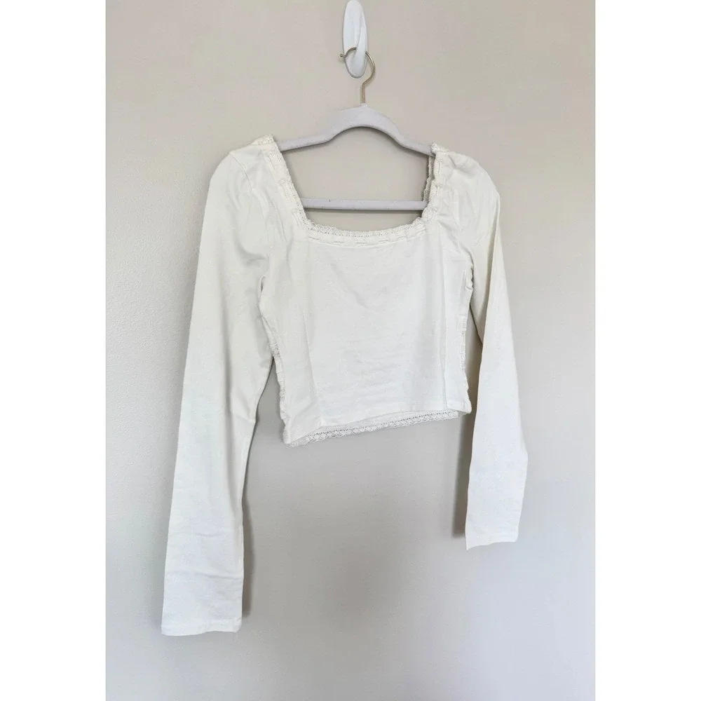 Free People White Lace Trim Square Neck Long Sleeve Crop Top Size Extra Small